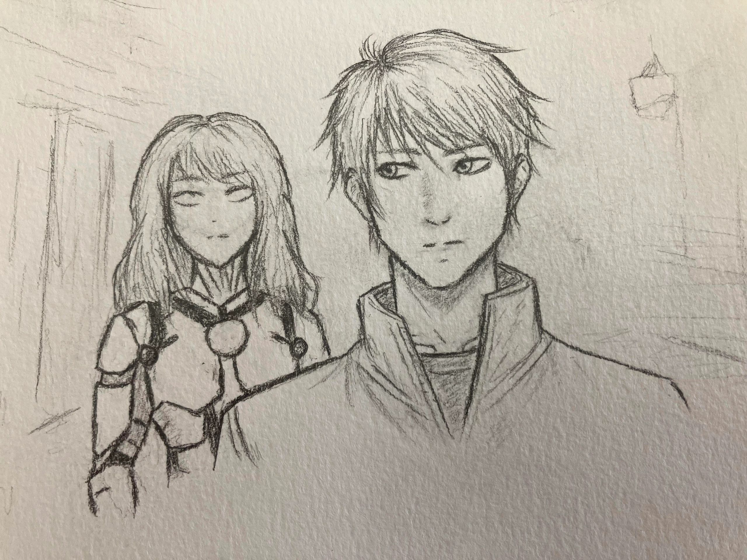 Hisao stalked by a robot in Jacqueline's nature-walk pencil sketch